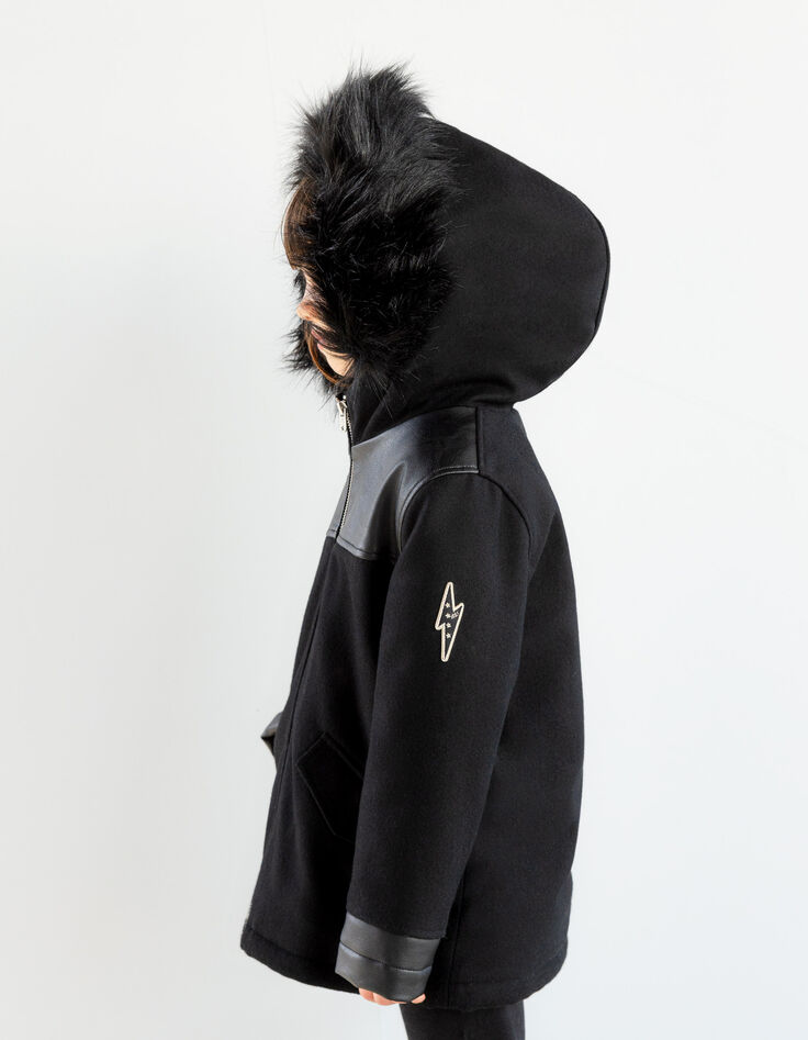 Manteau noir bi matière fourré fille-5
