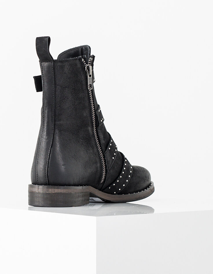Women&rsquo;s black 4-buckle and studs leather combat boots-3