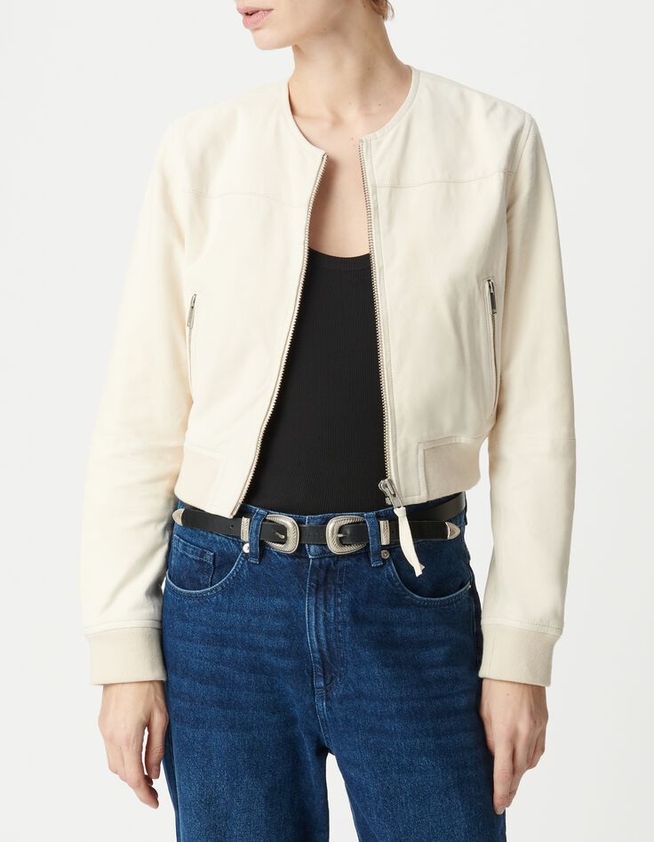 Blouson court beige cuir velours Femme-2
