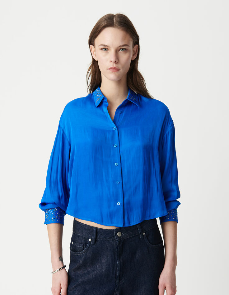 Elektrisch blauw kort damesshirt met paillettenboorden-2