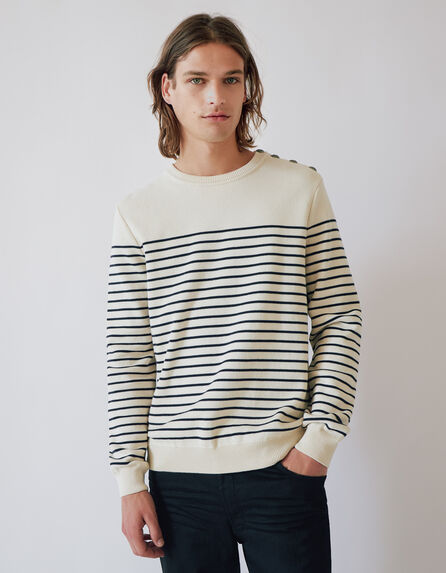 Men’s off-white knit sweater with navy sailor stripes