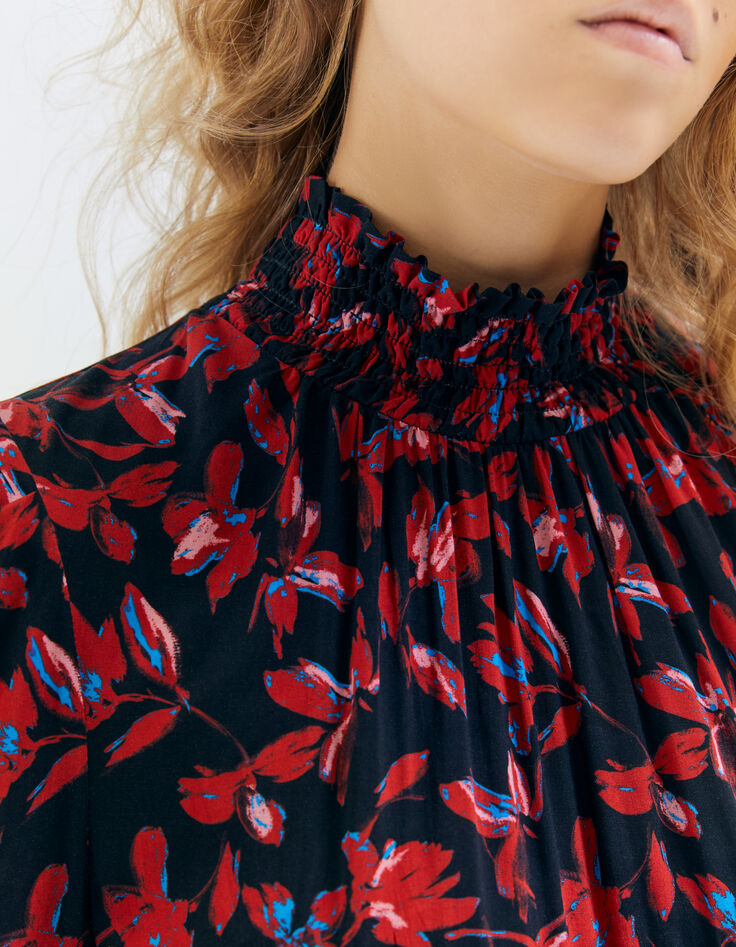 Vestido rojo floral rock cuello fruncido mujer-3