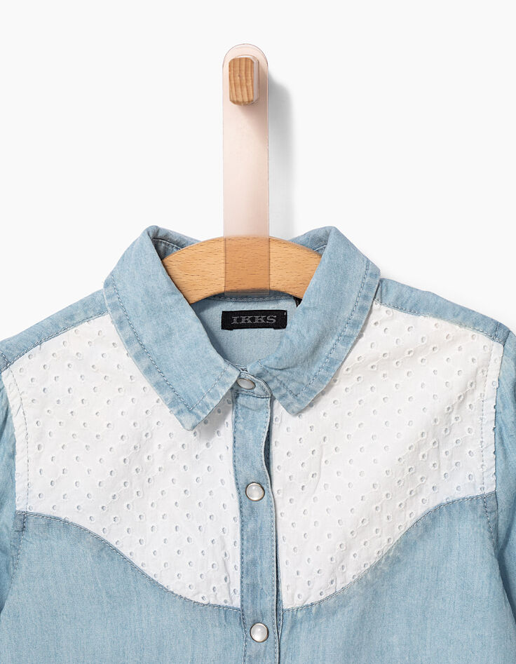 Girls’ bleached blue Tencel© and lace shirt-3