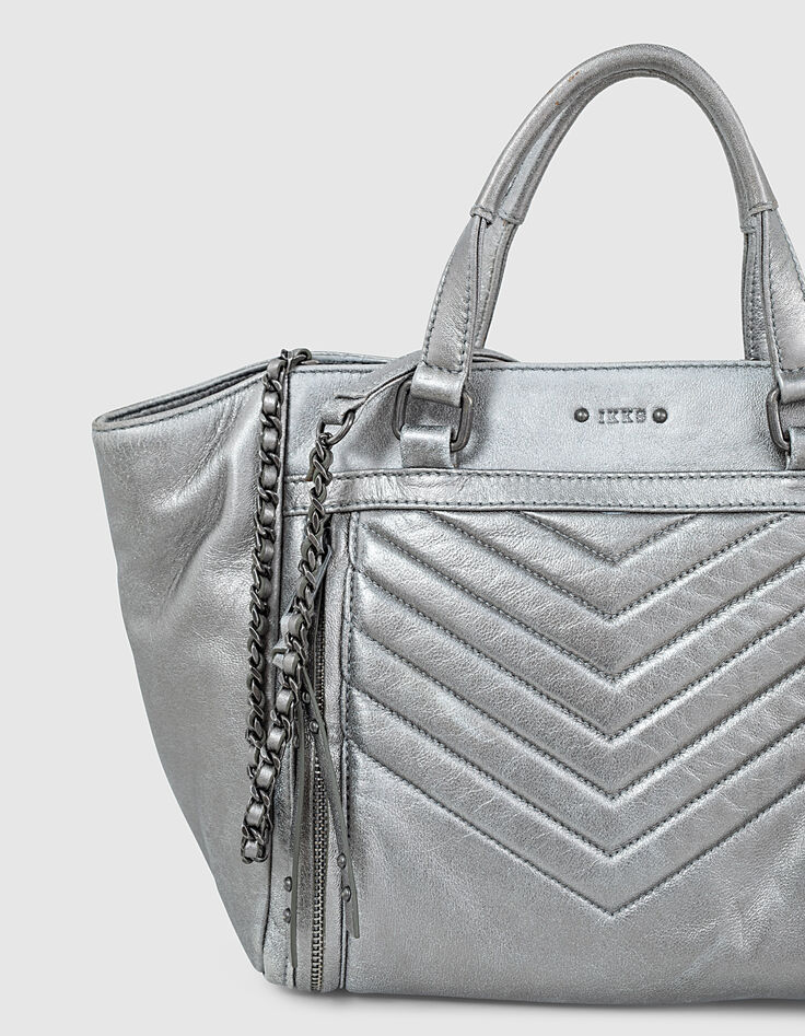 Sac cabas cuir argent LE 1440 MEDIUM SILVER matelassage chevrons femme-2