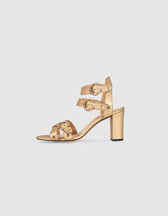 Women’s gold leather heeled sandals with buckles