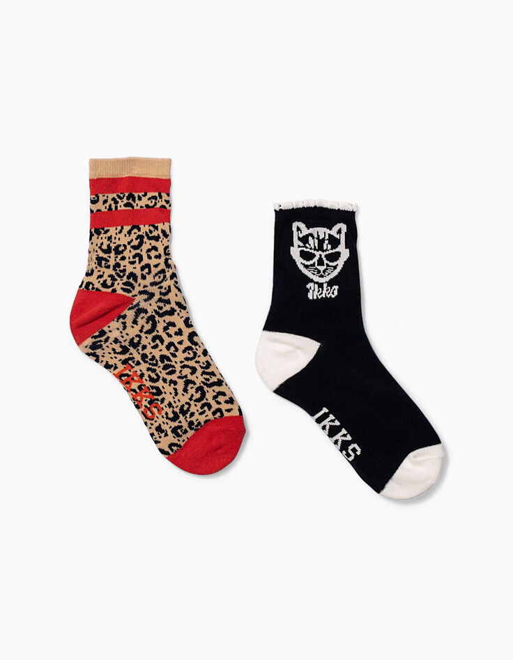 Chaussettes navy et léopard fille -1