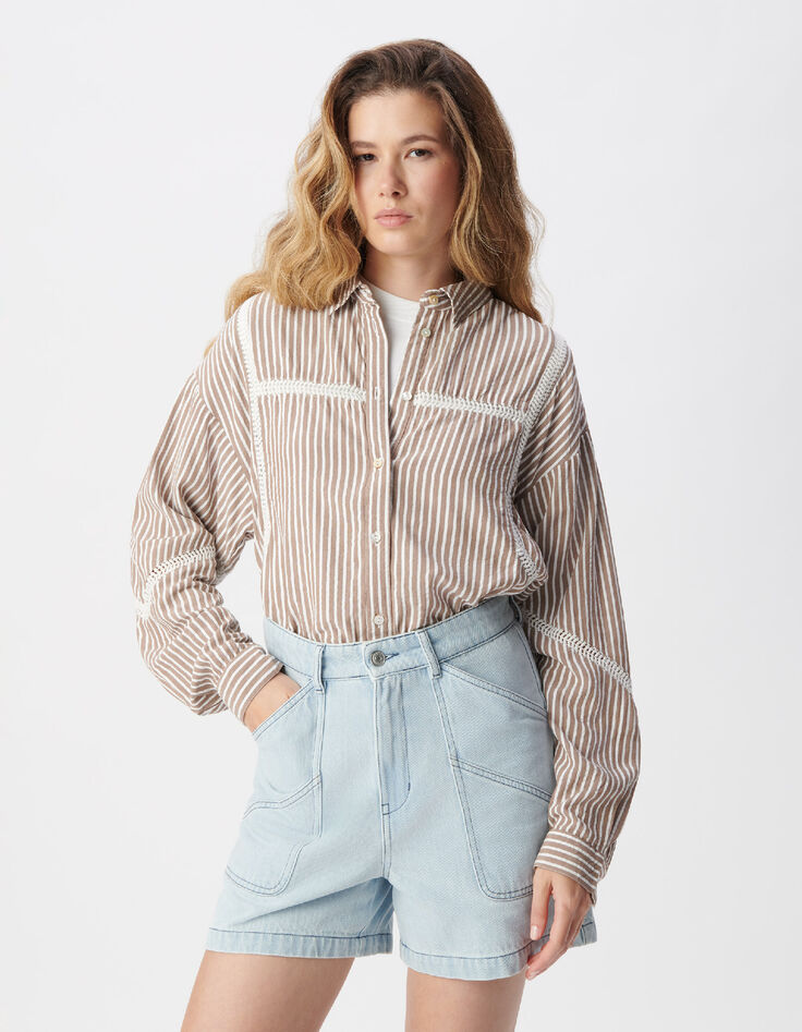 Chemise marron motif rayures galons dentelle Femme-4