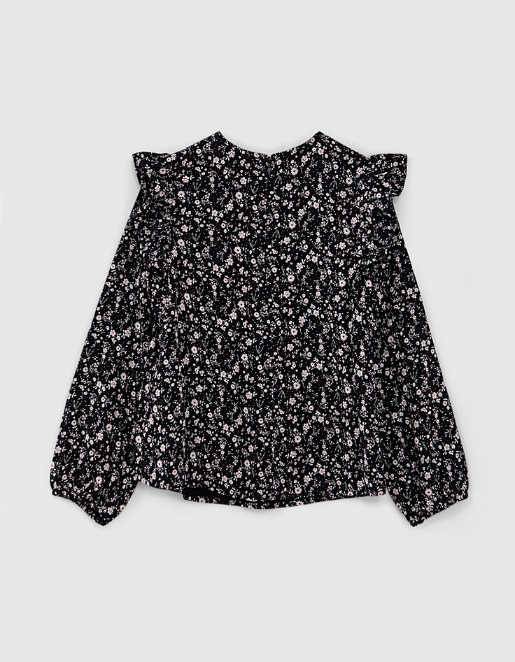 Girls&rsquo; black flower print ruffled blouse-3