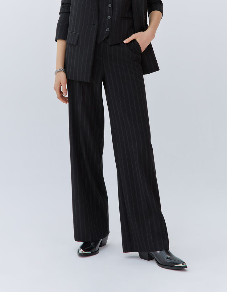Women’s black high-waist wide-leg pinstripe trousers-2