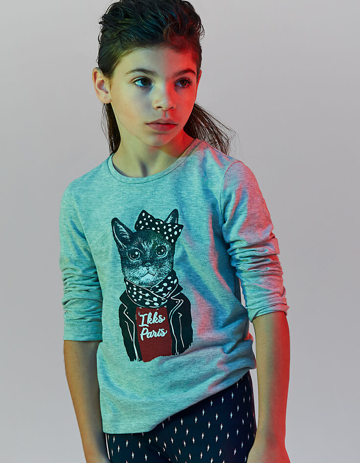 Tee-shirt gris chiné moyen visuel chat IKKS Paris fille-4