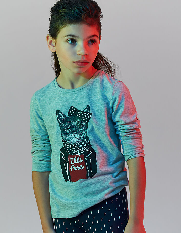 Middengrijs T-shirt met kat en IKKS Paris voor meisjes - IKKS