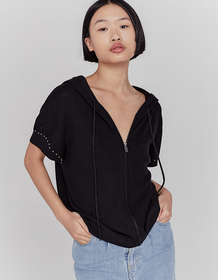 Women’s black beaded hooded short-sleeve cardigan-4