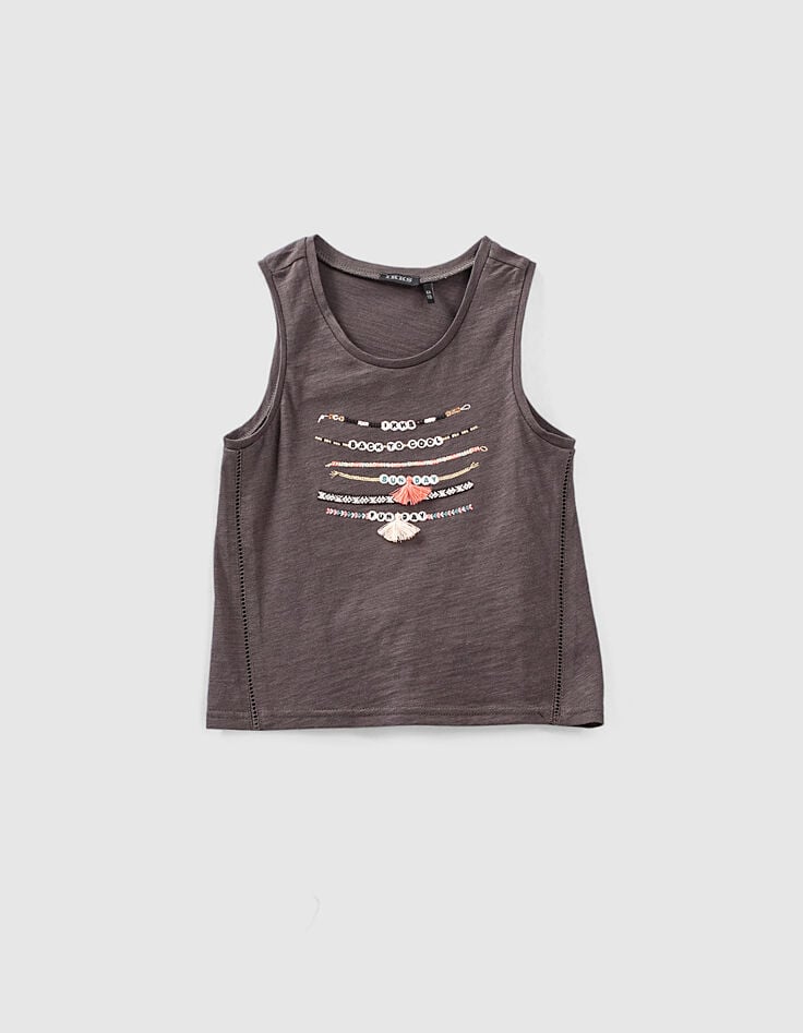 Camiseta de tirantes gris oscuro pulseras bordadas niña-2