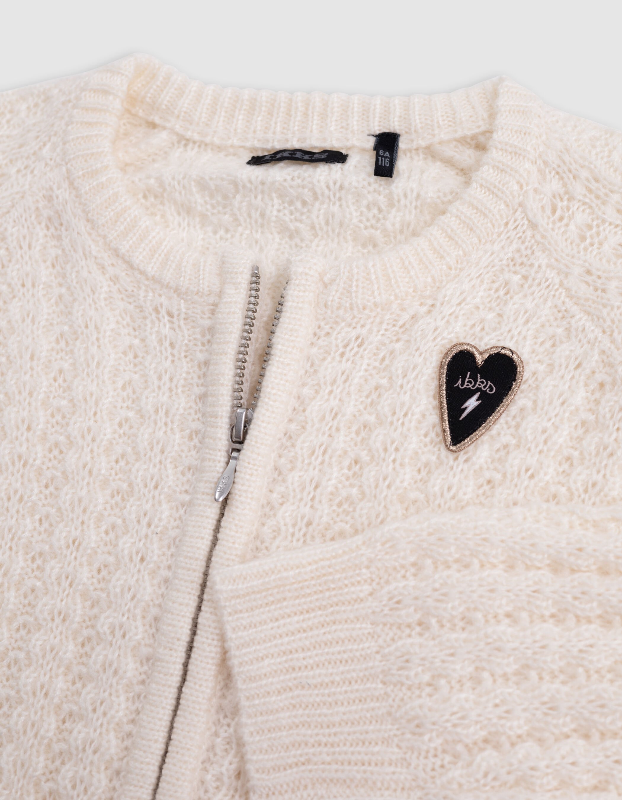 Girl's ecru cardigan with zipper and fancy openwork knit