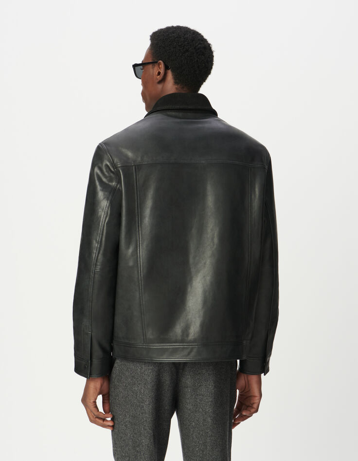 Schwarze Herrenjacke Leder Rippkragen-3