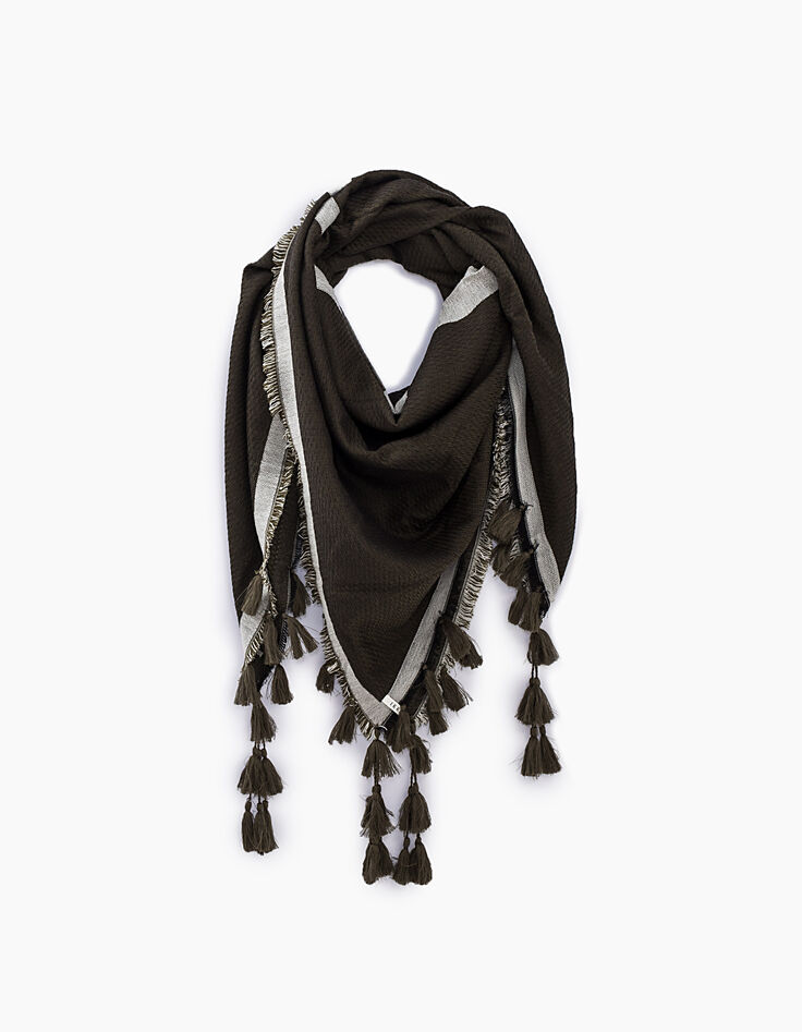 Pañuelo caqui oversize jacquard y pompones mujer-1 Pañuelo caqui oversize jacquard y pompones mujer-1