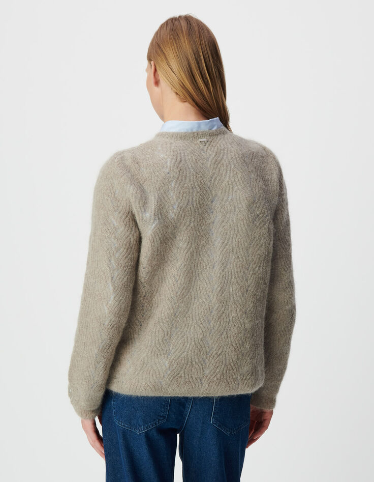 Beiger Damenstrickpulli Mohair-Mix, Zopfmuster-3
