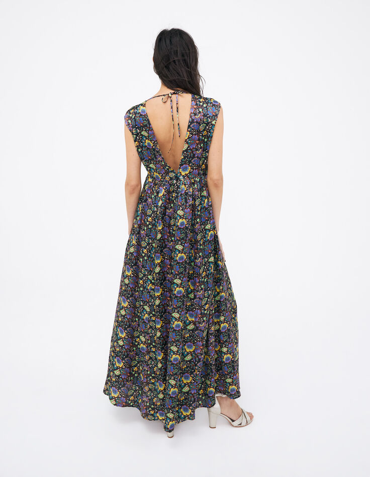 Langes schwarzes Damenkleid, rückenfrei, Maxi-Blumenprint-2