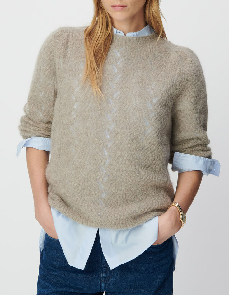 Beige gebreide trui gemengd mohair fantasiekabels Dames-2