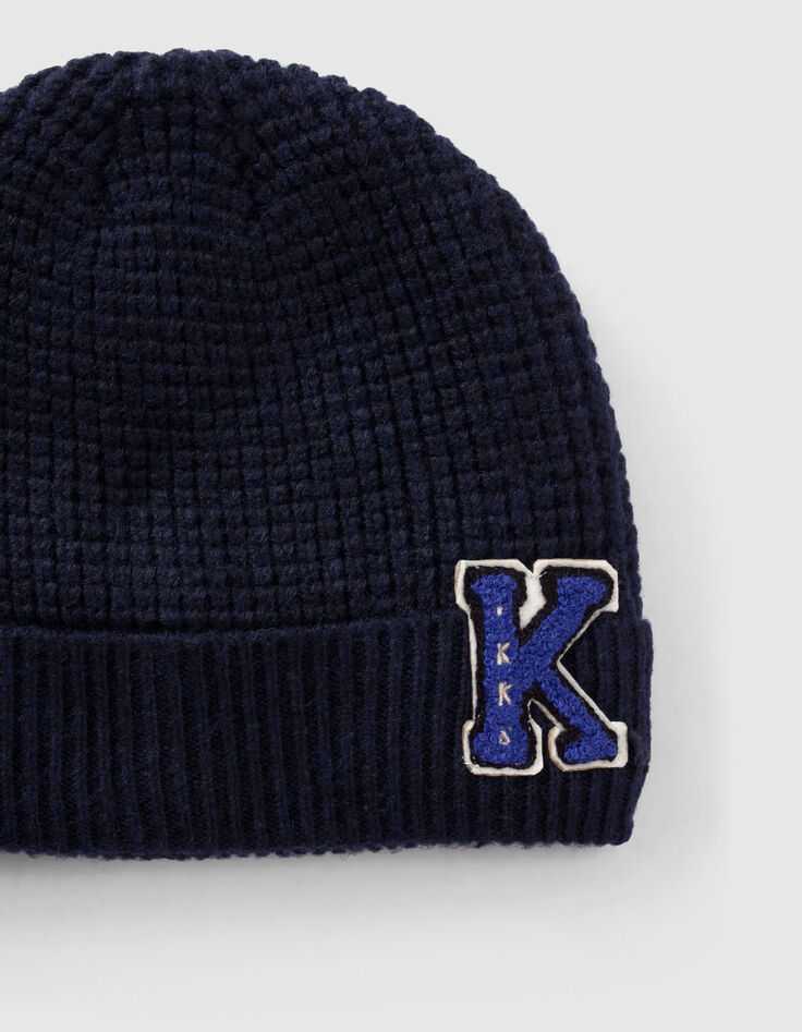 Bonnet marine tricot badge bouclette garçon-4