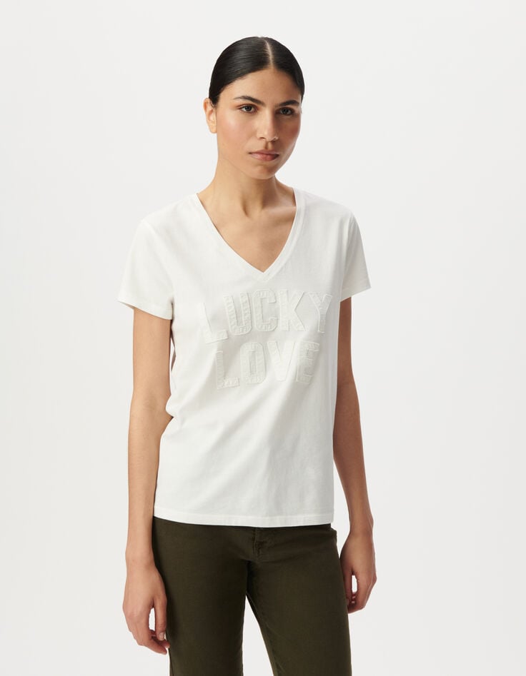 Weißes Damen-T-Shirt Biowolle Schriftzug Stick-Buchstaben-2