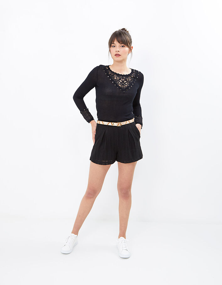 I.Code black fine knit sweater with lace panel and studs - I.CODE