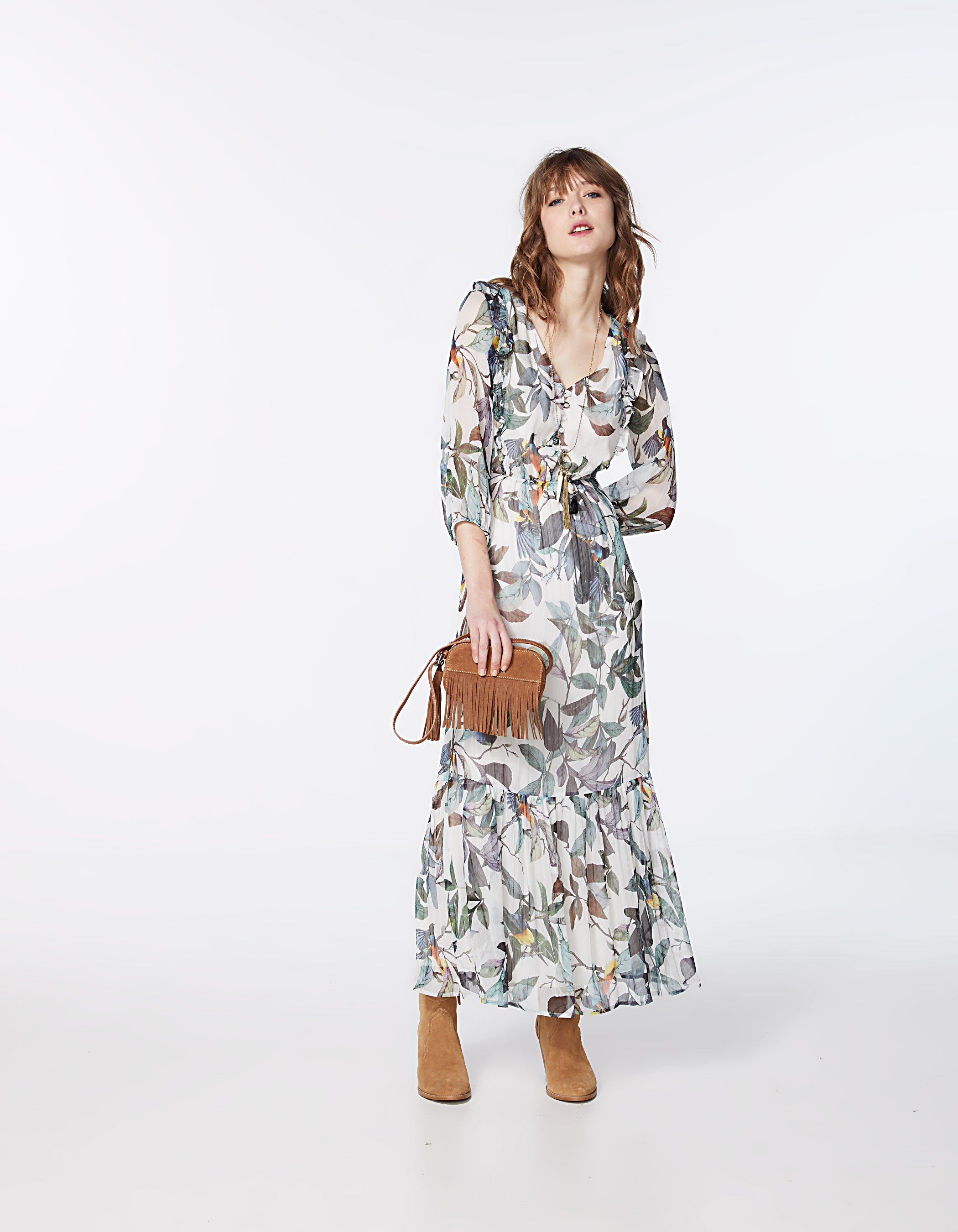 Off white long crepe voile jungle parrots dress