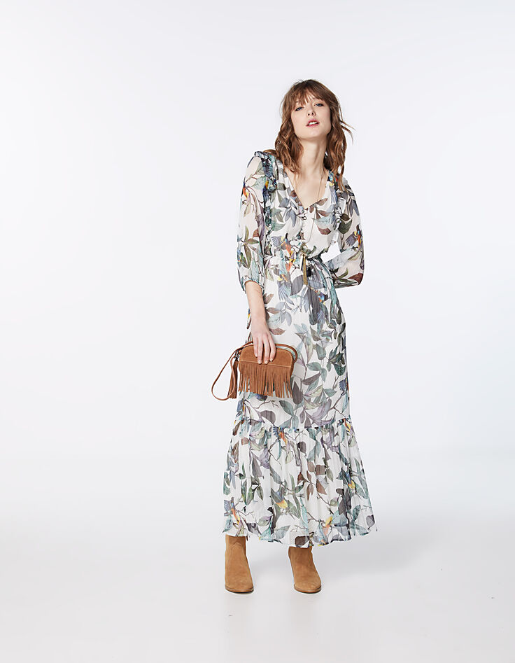 Robe longue en voile créponné jungle parrots blanc cassé-6