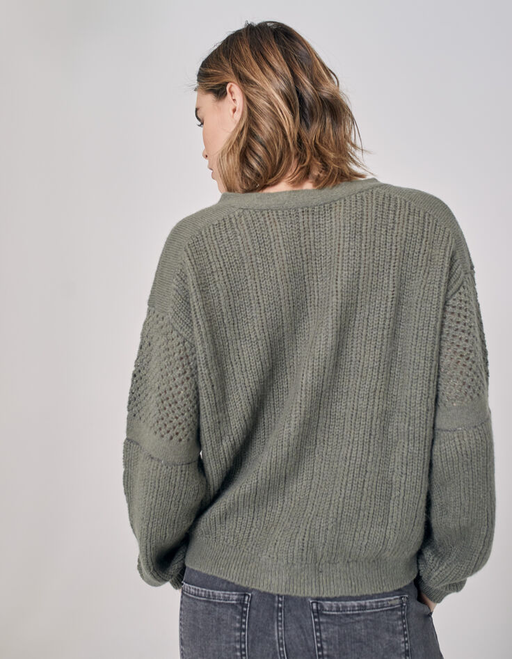 Women’s khaki knit cardigan with stitch detail and chains-2