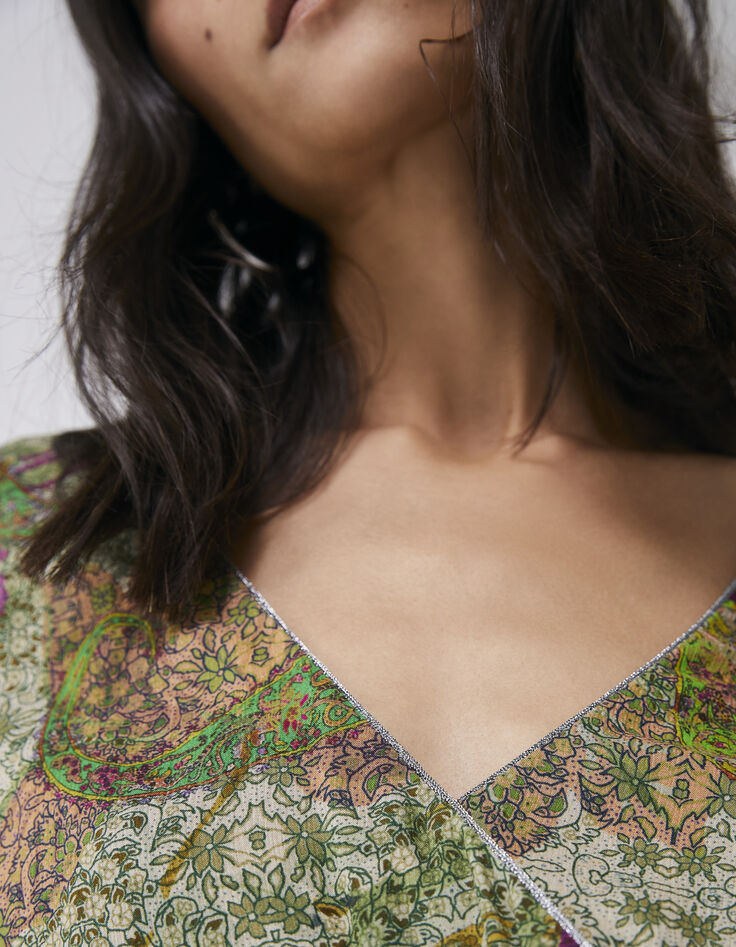 Cremeweißes langes Damenkleid, asymmetrisch, Paisley-Print-4