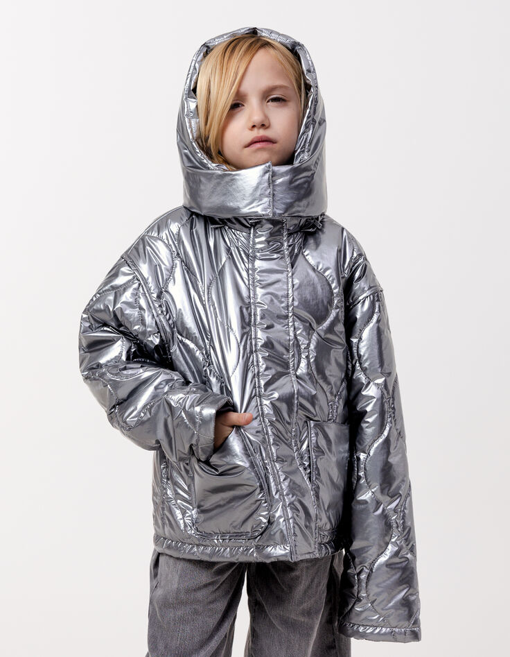 Grey metallic padded jacket with removable hood for girl-1