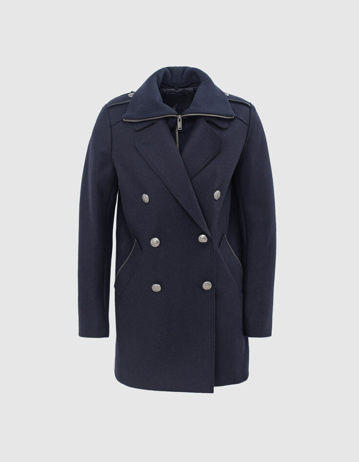 Abrigo de lana reciclada azul marino para mujer-1
