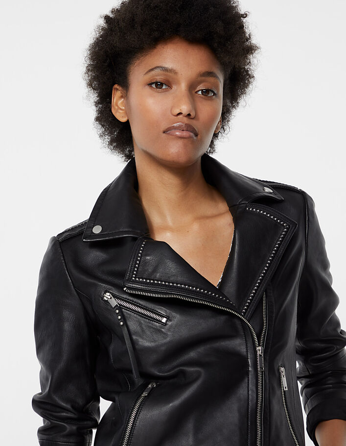 Women’s black zipped pocket lambskin leather jacket - IKKS