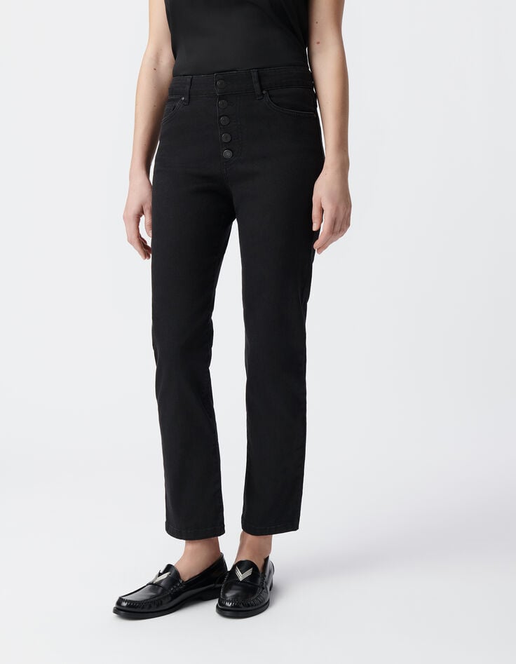 Vaqueros negros rectos de mujer con botones visibles-5