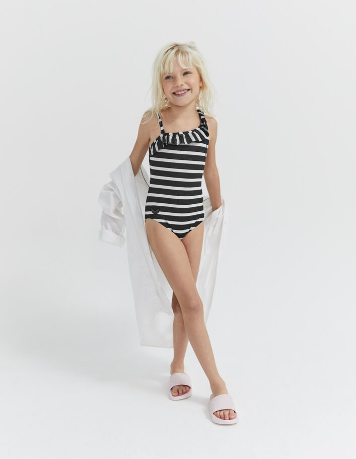 Girls’ black swimsuit with ecru stripes and badges-6
