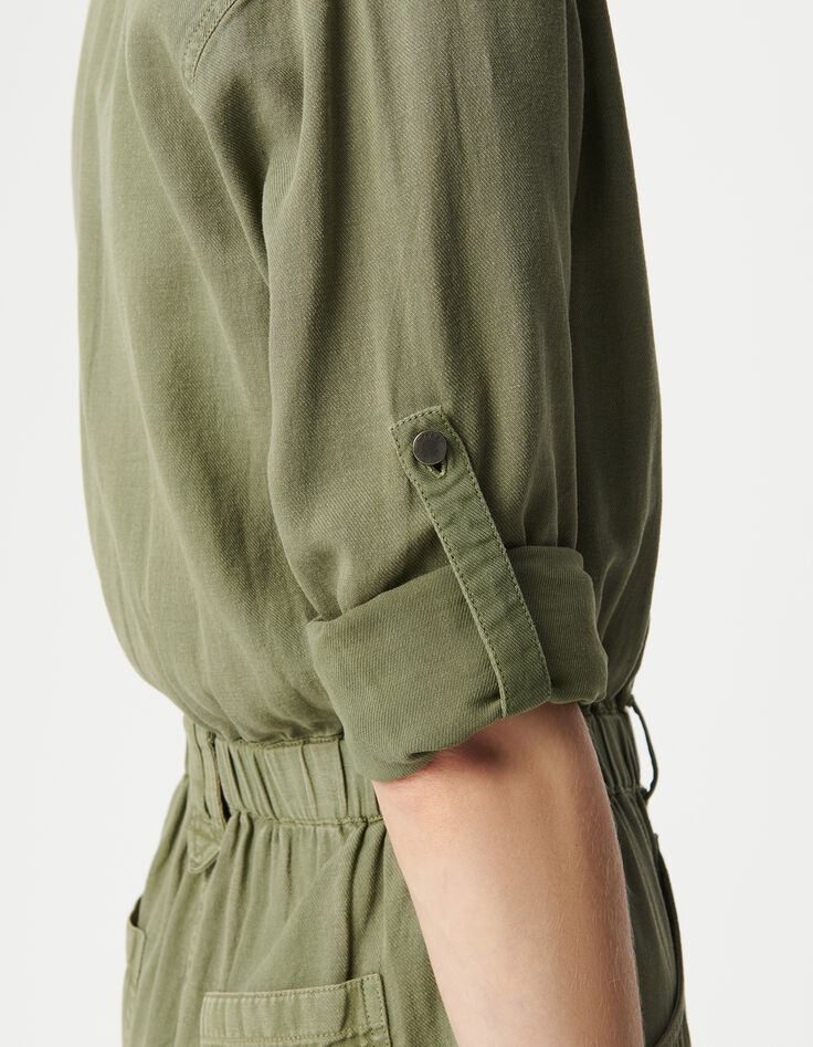 Combinaison en jean souple kaki taille &eacute;lastiqu&eacute;e Femme-5