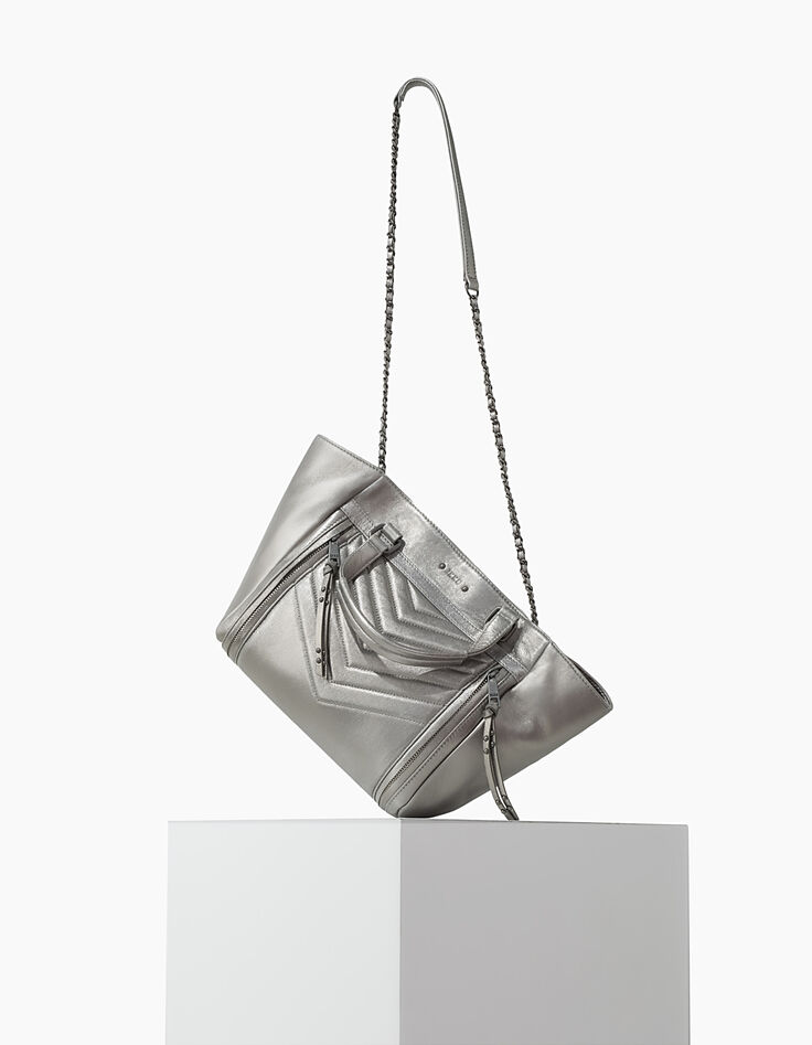 Sac cabas cuir argent LE 1440 MEDIUM SILVER matelassage chevrons femme-11