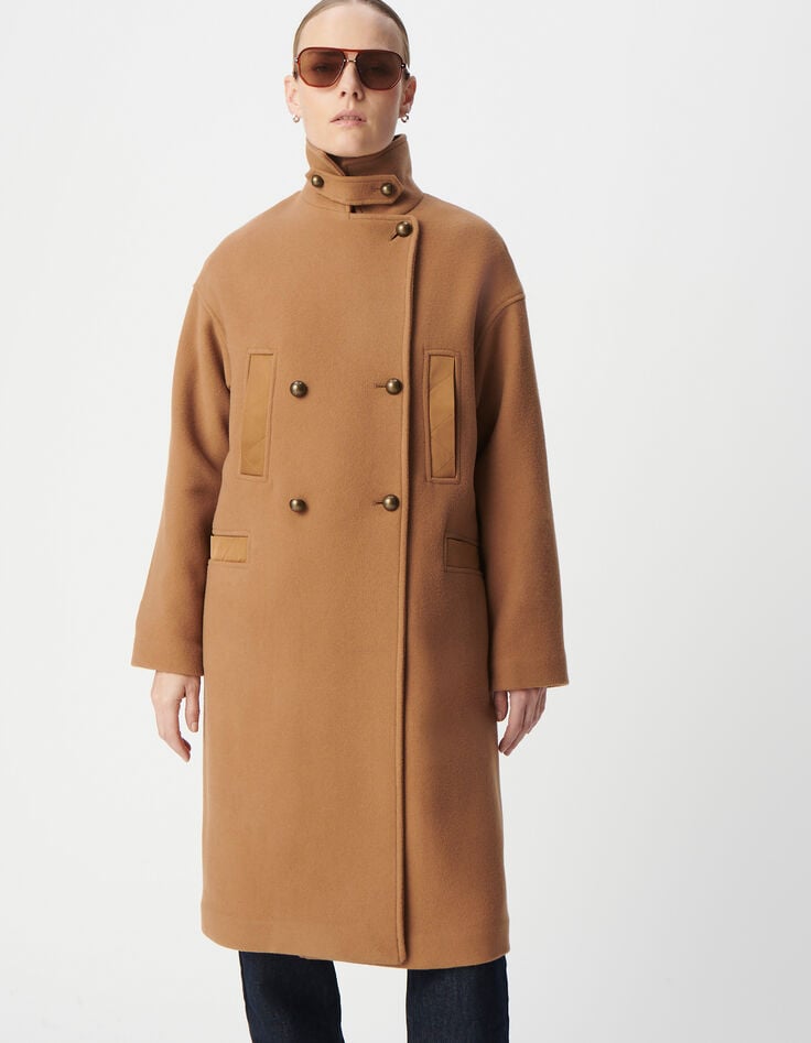 Langer camelfarbener Erbsenmantel für Damen mit abgesteppten Nylondetails-5 Langer camelfarbener Erbsenmantel für Damen mit abgesteppten Nylondetails-5