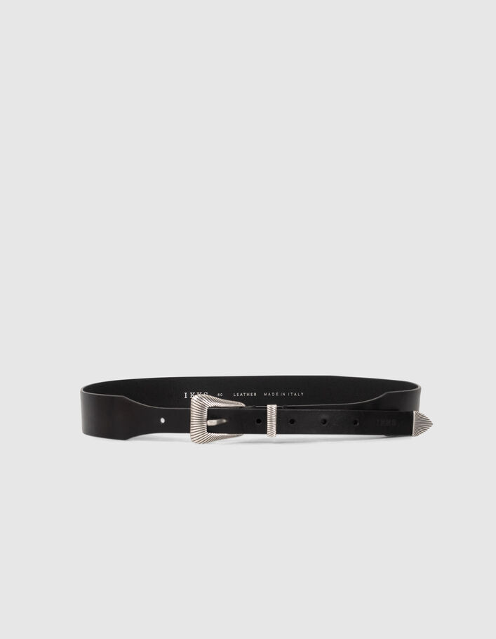 Women’s black leather asymmetric belt with metal tip - IKKS