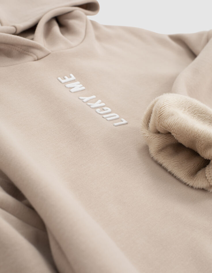 Lichtbeige sweater met kap en geborduurde tekst meisjes-3