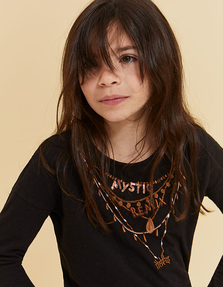 Girls’ black necklace embroidery Mystic Remix T-shirt-1 Girls’ black necklace embroidery Mystic Remix T-shirt-1