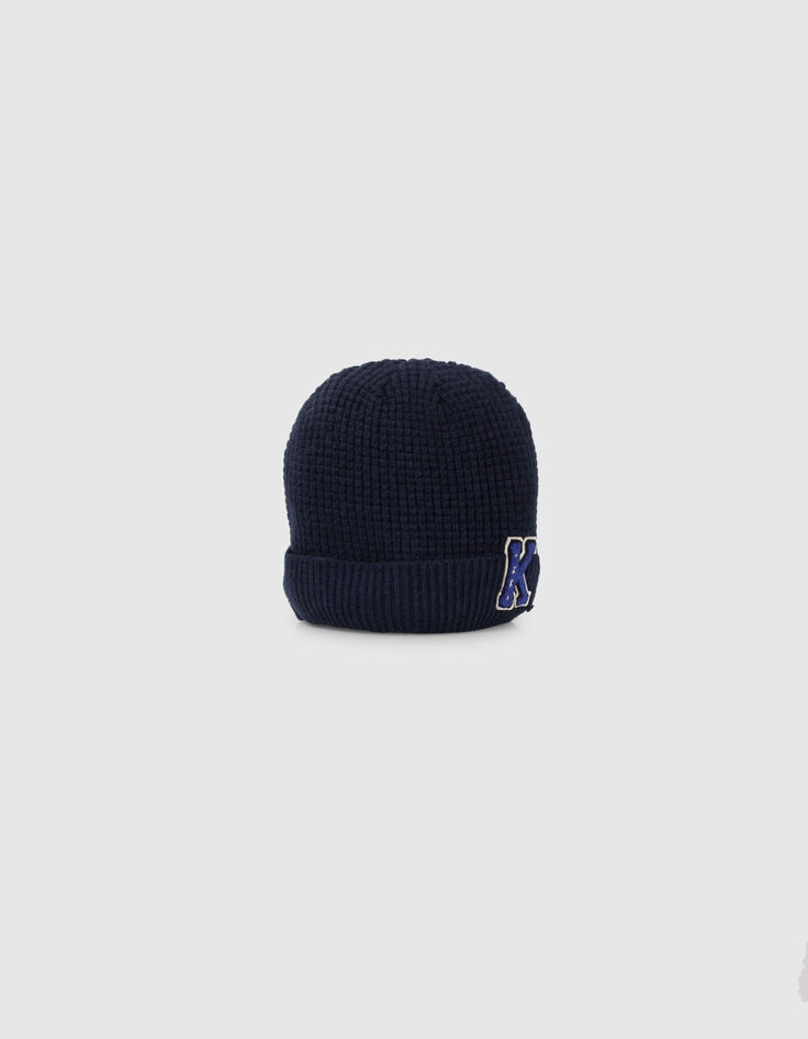 Bonnet marine tricot badge bouclette garçon-2