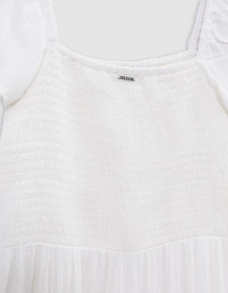 Vestido corto blanco jacquard plumetis niña-6