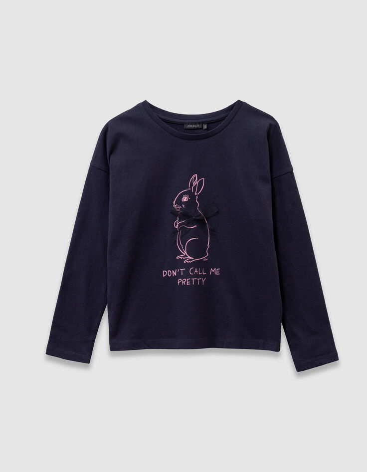 Marineblaues Mädchen-T-Shirt Biobaumwolle Hase Band 3D-2 Marineblaues Mädchen-T-Shirt Biobaumwolle Hase Band 3D-2