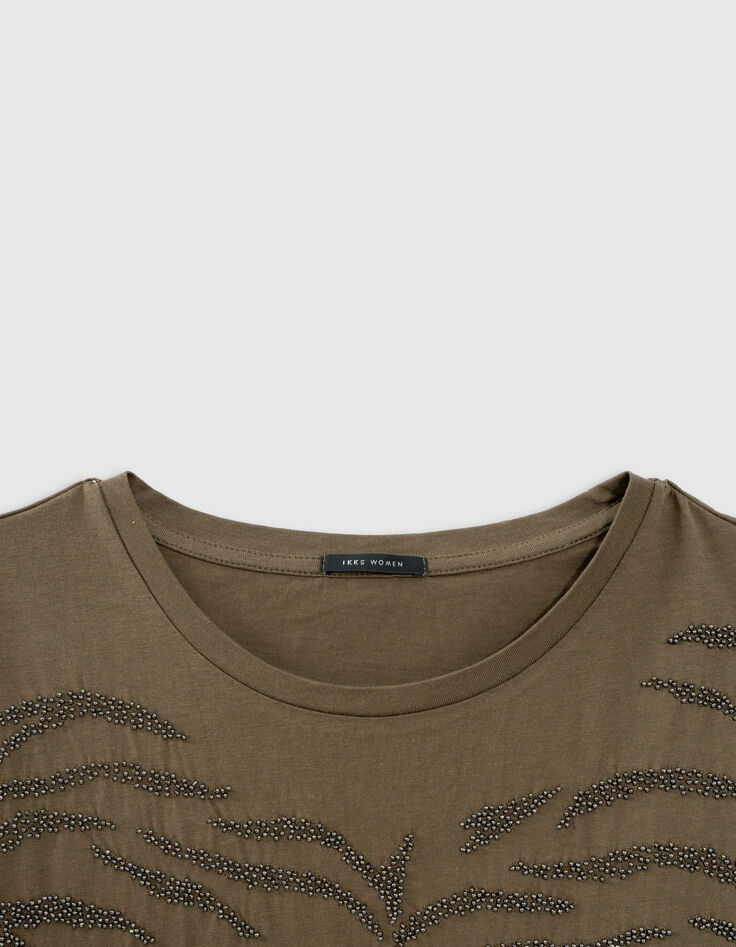 Khaki T-Shirt, Rundhals, Stick, Perlen-3