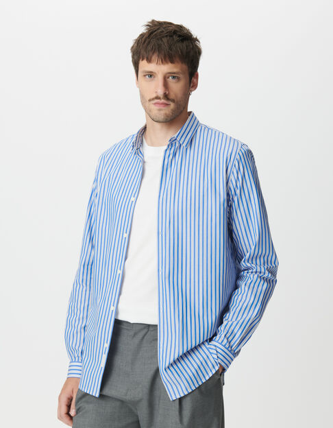 Heren slim-fit blauw gestreept overhemd met motief - IKKS