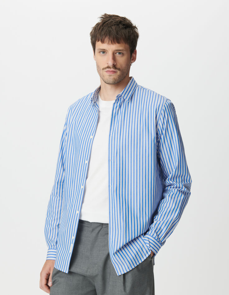 Heren slim-fit blauw gestreept overhemd met motief-1