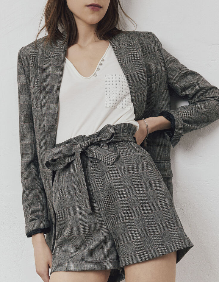 Short court à carreaux gris ceinture amovible femme-3