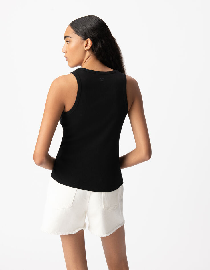 Schwarzes Damen-Tank-Top aus Rippstrick mit gesticktem Fischgrätenrücken-3