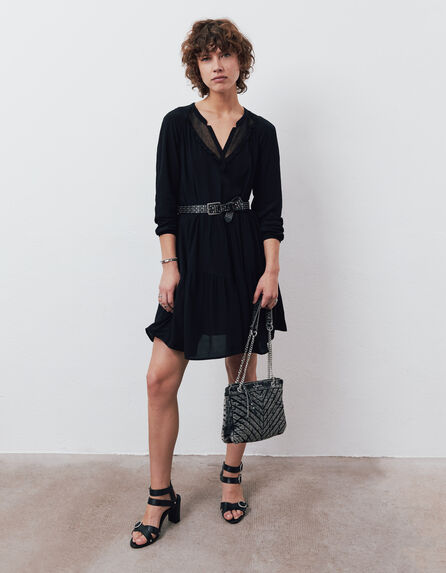 Women's black ruffle and mesh baggy dress